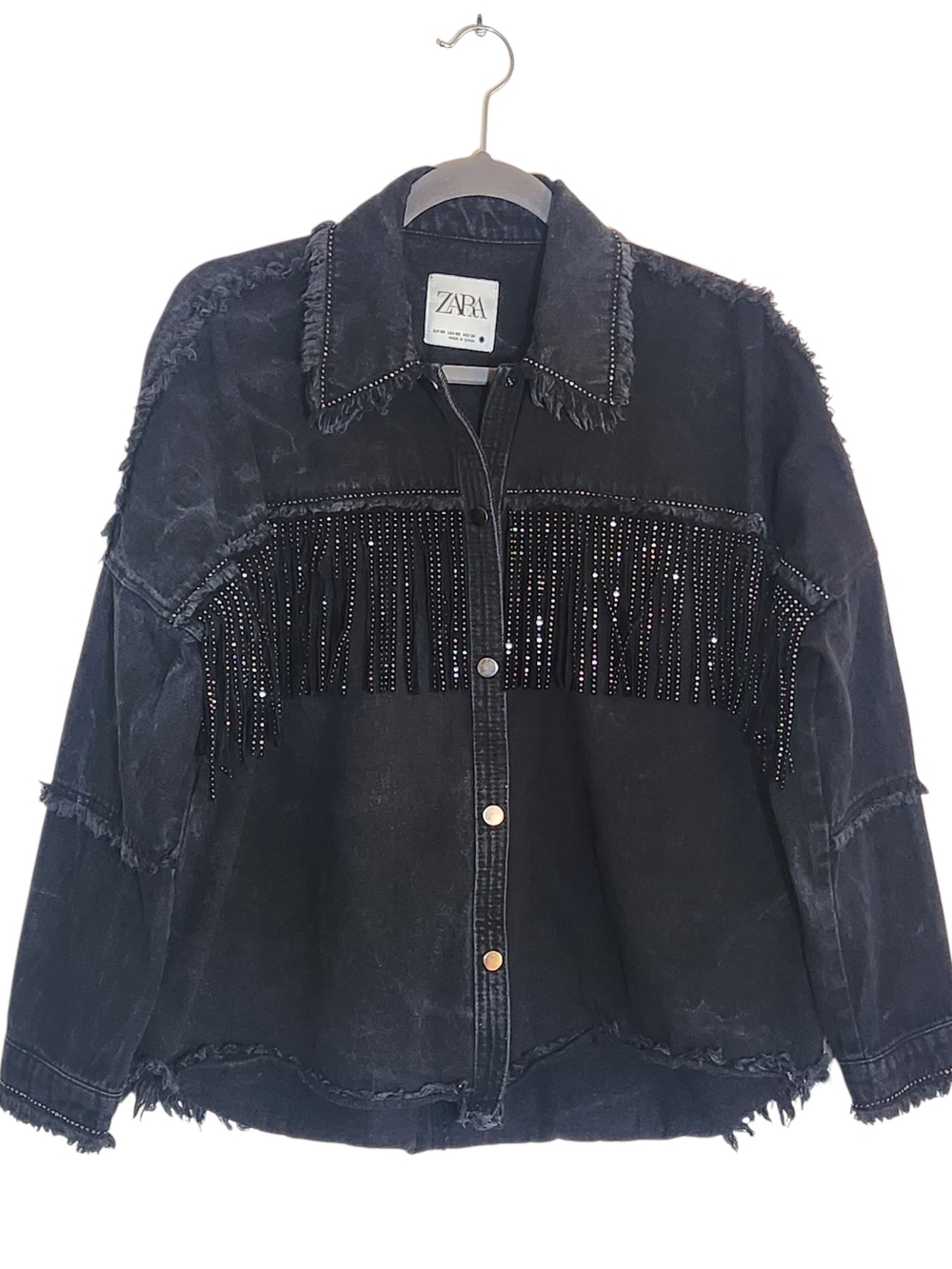 Zara Black Rhinestone Fringe Distressed Denim Jacket Size XS